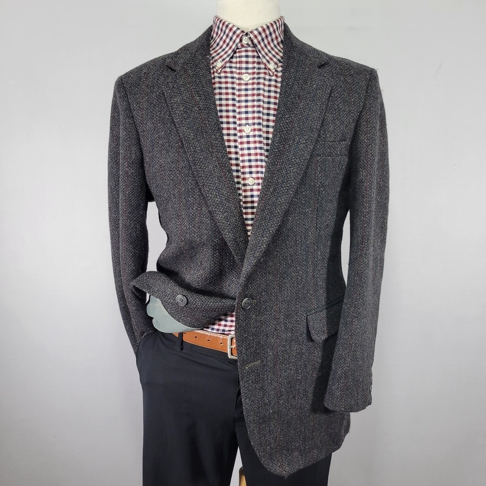 VTG Haggar Men's Tweed Sport Coat‎ Blazer Two Button Gray Striped Poly Wool 42L